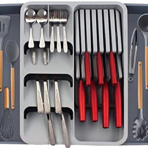 VILIA Expandable Kitchen Drawer Organizer with Knife Holder, Utensil Holder - Adjustable Cutlery Silverware Tray for Drawer, Kitchen Organization, Large Durable Utensil Organizer, Kitchen Storage