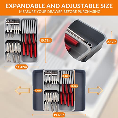 VILIA Expandable Kitchen Drawer Organizer with Knife Holder, Utensil Holder - Adjustable Cutlery Silverware Tray for Drawer, Kitchen Organization, Large Durable Utensil Organizer, Kitchen Storage