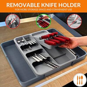 VILIA Expandable Kitchen Drawer Organizer with Knife Holder, Utensil Holder - Adjustable Cutlery Silverware Tray for Drawer, Kitchen Organization, Large Durable Utensil Organizer, Kitchen Storage