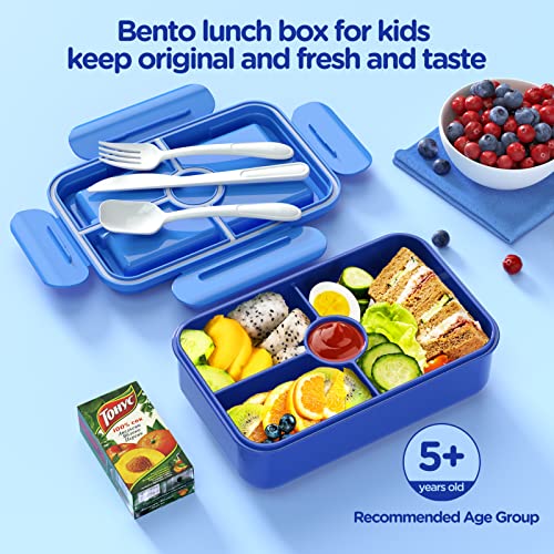 Jelife Bento Lunch Box for Kids - Leakproof Large Bento-Style Bento Boxes with 4 Compartments Portions Lunch Box with Tableware for Kids Back to School, Reusable On-the-Go Meal and Snack Packing, Blue