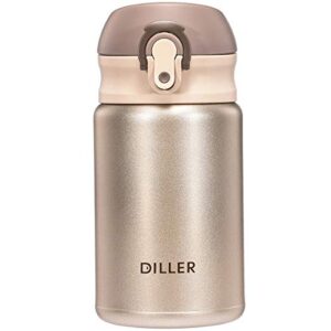 diller thermal water bottle – 10 oz mini insulated stainless steel bottle, leakproof cute vacuum flask, perfect for purse or kids lunch bag, 12 hours hot & 24 hours cold (gold, 10 oz)