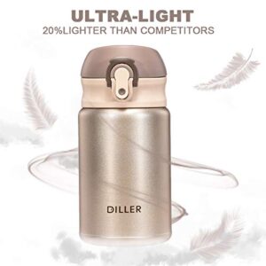 Diller Thermal Water Bottle - 10 Oz Mini Insulated Stainless Steel Bottle, Leakproof Cute Vacuum Flask, Perfect for Purse or Kids Lunch Bag, 12 Hours Hot & 24 Hours Cold (Gold, 10 oz)
