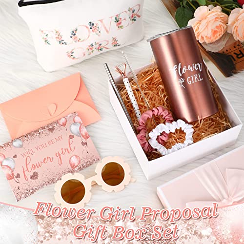 9 Pcs Flower Girl Gifts Set Personalized Flower Girl Tumbler with Straw Be My Flower Girl Card Bride Gift Box Canvas Bag Sunglasses Hair Ring Diamond Pen Envelope Bride Gifts for Wedding Party
