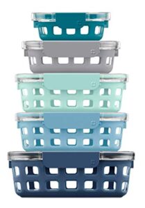 ello duraglass glass food storage mixed set – glass food storage bowls with silicone sleeve and airtight durable tritan lids, 10 piece 5 pack, blue la la