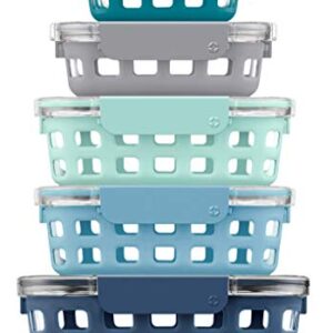 Ello Duraglass Glass Food Storage Mixed Set - Glass Food Storage Bowls with Silicone Sleeve and Airtight Durable Tritan Lids, 10 Piece 5 Pack, Blue La La