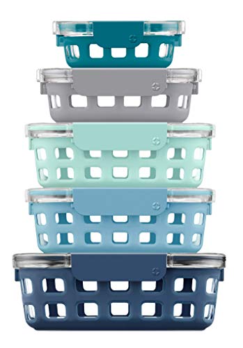 Ello Duraglass Glass Food Storage Mixed Set - Glass Food Storage Bowls with Silicone Sleeve and Airtight Durable Tritan Lids, 10 Piece 5 Pack, Blue La La