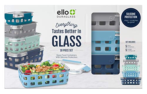 Ello Duraglass Glass Food Storage Mixed Set - Glass Food Storage Bowls with Silicone Sleeve and Airtight Durable Tritan Lids, 10 Piece 5 Pack, Blue La La