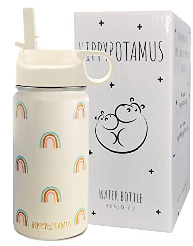 Hippypotamus Kids Water Bottle - Vacuum Insulated Stainless Steel Thermos With Straw Lid & Spout For Toddlers - 14 oz (Rainbow)