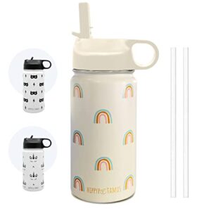 Hippypotamus Kids Water Bottle - Vacuum Insulated Stainless Steel Thermos With Straw Lid & Spout For Toddlers - 14 oz (Rainbow)
