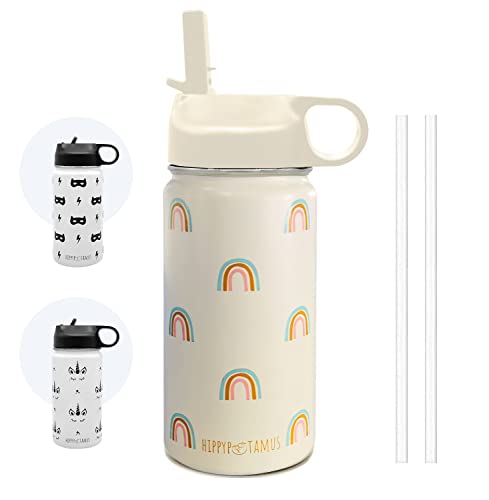 Hippypotamus Kids Water Bottle - Vacuum Insulated Stainless Steel Thermos With Straw Lid & Spout For Toddlers - 14 oz (Rainbow)