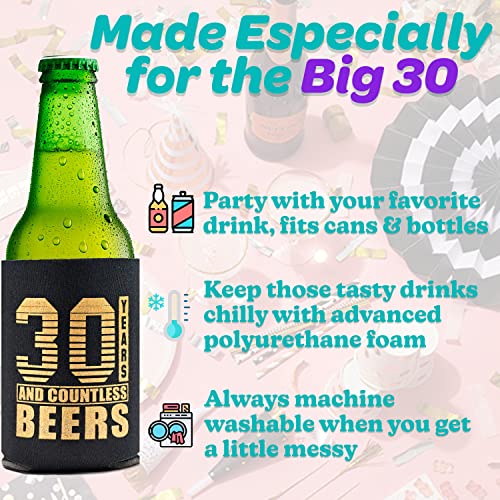 Happy 30th Birthday Decorations for Him and Her Can Cooler 12 Pack - Dirty 30 Birthday Decorations for Her and Him, Insulated Thermocoolers - Black & Gold (Original) (Original, Regular)