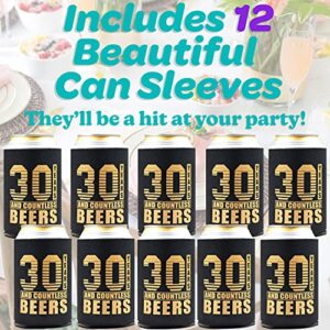 Happy 30th Birthday Decorations for Him and Her Can Cooler 12 Pack - Dirty 30 Birthday Decorations for Her and Him, Insulated Thermocoolers - Black & Gold (Original) (Original, Regular)