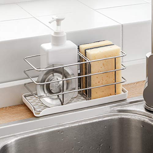 304 Stainless Steel Sponge Holder, Multifunctional Kitchen Sink Organizer Sink Caddy Sink Tray Drainer Rack Brush Soap Holder | Hanging Adjustable Panel | Adhesive Hooks | Auto Overflow (White)