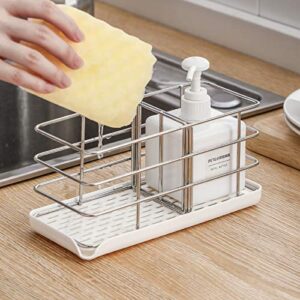 304 Stainless Steel Sponge Holder, Multifunctional Kitchen Sink Organizer Sink Caddy Sink Tray Drainer Rack Brush Soap Holder | Hanging Adjustable Panel | Adhesive Hooks | Auto Overflow (White)