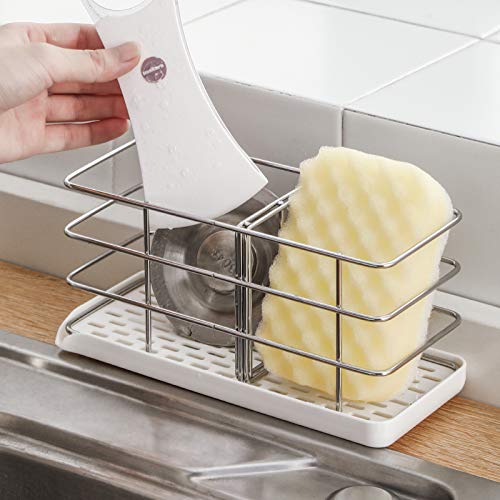 304 Stainless Steel Sponge Holder, Multifunctional Kitchen Sink Organizer Sink Caddy Sink Tray Drainer Rack Brush Soap Holder | Hanging Adjustable Panel | Adhesive Hooks | Auto Overflow (White)