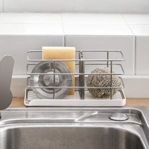 304 Stainless Steel Sponge Holder, Multifunctional Kitchen Sink Organizer Sink Caddy Sink Tray Drainer Rack Brush Soap Holder | Hanging Adjustable Panel | Adhesive Hooks | Auto Overflow (White)