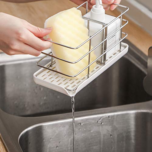 304 Stainless Steel Sponge Holder, Multifunctional Kitchen Sink Organizer Sink Caddy Sink Tray Drainer Rack Brush Soap Holder | Hanging Adjustable Panel | Adhesive Hooks | Auto Overflow (White)