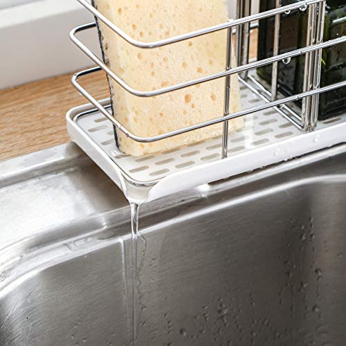 304 Stainless Steel Sponge Holder, Multifunctional Kitchen Sink Organizer Sink Caddy Sink Tray Drainer Rack Brush Soap Holder | Hanging Adjustable Panel | Adhesive Hooks | Auto Overflow (White)