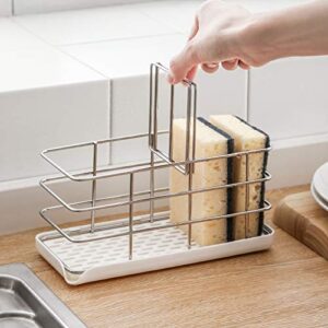 304 Stainless Steel Sponge Holder, Multifunctional Kitchen Sink Organizer Sink Caddy Sink Tray Drainer Rack Brush Soap Holder | Hanging Adjustable Panel | Adhesive Hooks | Auto Overflow (White)