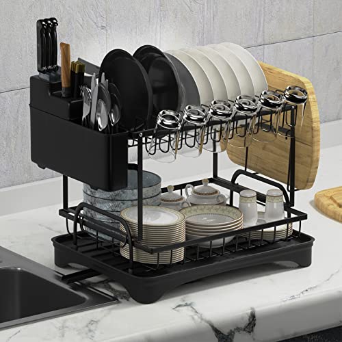 QEWEEQ Dish Drying Rack with Drainboard Set, Stainless Steel 2-Tier Dish Racks for Kitchen Counter,Collapsable Dish Drainers with Cup Rack, Utensil Holder and Cutting Board Holder, Black