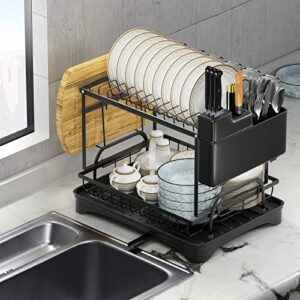 QEWEEQ Dish Drying Rack with Drainboard Set, Stainless Steel 2-Tier Dish Racks for Kitchen Counter,Collapsable Dish Drainers with Cup Rack, Utensil Holder and Cutting Board Holder, Black