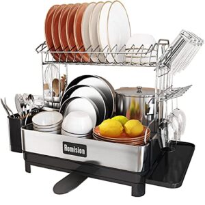 romision dish rack and drainboard set, 304 stainless steel 2 tier large dish drying rack with swivel spout, dish strainer for kitchen counter with utensil holder, cup rack, water tray