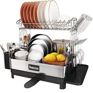 romision Dish Rack and Drainboard Set, 304 Stainless Steel 2 Tier Large Dish Drying Rack with Swivel Spout, Dish Strainer for Kitchen Counter with Utensil Holder, Cup Rack, Water Tray