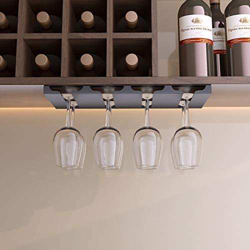 SIMVE Wine Glass Holder Under Shelf or Cabinet, Stainless Steel 16.5 Inch Stemware Rack, Glassware Drying Hanger, Metal Hanging Organizer for Bar Restaurant, Matte Black, 4 Row