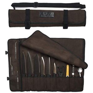 asaya canvas chef knife roll bag – 10 knife slots and a large zipper pocket – durable 10oz canvas knife case with an adjustable shoulder strap – knives not included