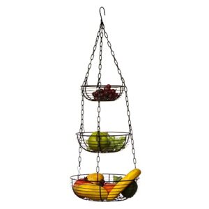 culinary couture hanging fruit basket for kitchen, 3-tier heavy-duty hanging wire baskets for organizing, minimalist fruit hanging baskets for kitchen, black