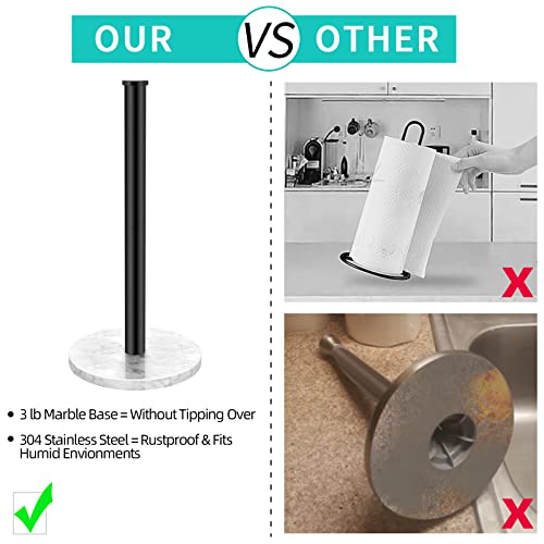 Paper Towel Holder Countertop, Jesginboo Kitchen Paper Towel Holder Stand with Natural Marble Base for Standard and Large Size Rolls (Black, 1 Pack)