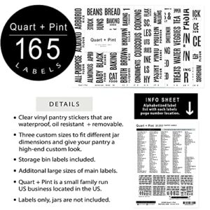 QUART + PINT 165 Modern Kitchen Pantry Labels for Containers. Preprinted Clear Minimalist Stickers with Black Text. Waterproof Vinyl Stickers. Organization Labels for Jars Canisters & Storage Bins.