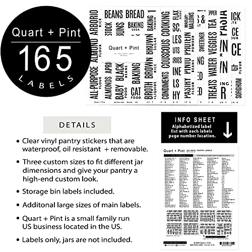 QUART + PINT 165 Modern Kitchen Pantry Labels for Containers. Preprinted Clear Minimalist Stickers with Black Text. Waterproof Vinyl Stickers. Organization Labels for Jars Canisters & Storage Bins.