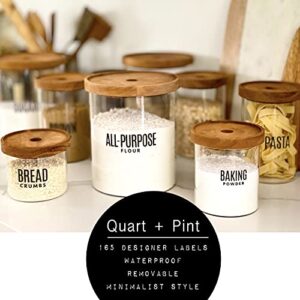 QUART + PINT 165 Modern Kitchen Pantry Labels for Containers. Preprinted Clear Minimalist Stickers with Black Text. Waterproof Vinyl Stickers. Organization Labels for Jars Canisters & Storage Bins.