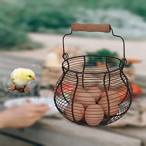 Metal Wire Egg Baskets for Collect Fresh Egg Baskets Countertop Holder, LINCOUNTRY Rustic Round Small Chicken Basket Gathering Fresh Egg With Handle,Country Primitive Farmhouse Vintage Storage Kid