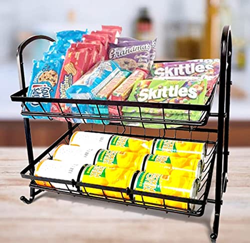 Giftburg Stackable Can Rack Organizer, Angle 2-Tier Tray Display Stand, Fruit Basket Stand, Potato Chip Rack, Multifunctional Can Dipsenser for Storing Canned Snacks Drinks and more, Black