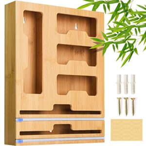 wattne bag storage organizer for kitchen drawer & wrap dispenser with cutter, 6 in 1 bamboo organizer compatible with 12″ aluminum foil roll, suitable for gallon, quart, sandwich bags, roll etc