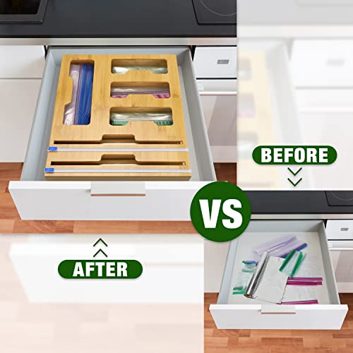 Wattne Bag Storage Organizer for Kitchen Drawer & Wrap Dispenser with Cutter, 6 in 1 Bamboo Organizer Compatible with 12" Aluminum Foil Roll, Suitable for Gallon, Quart, Sandwich Bags, Roll etc