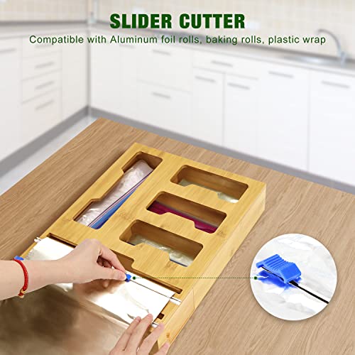 Wattne Bag Storage Organizer for Kitchen Drawer & Wrap Dispenser with Cutter, 6 in 1 Bamboo Organizer Compatible with 12" Aluminum Foil Roll, Suitable for Gallon, Quart, Sandwich Bags, Roll etc