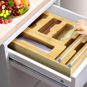 Wattne Bag Storage Organizer for Kitchen Drawer & Wrap Dispenser with Cutter, 6 in 1 Bamboo Organizer Compatible with 12" Aluminum Foil Roll, Suitable for Gallon, Quart, Sandwich Bags, Roll etc