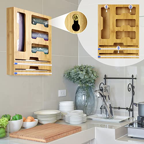 Wattne Bag Storage Organizer for Kitchen Drawer & Wrap Dispenser with Cutter, 6 in 1 Bamboo Organizer Compatible with 12" Aluminum Foil Roll, Suitable for Gallon, Quart, Sandwich Bags, Roll etc