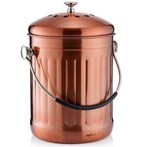 red factor premium compost bin for kitchen countertop – stainless steel food waste bucket with innovative dual filter technology – includes spare filters (matt copper, 1.3 gallon)