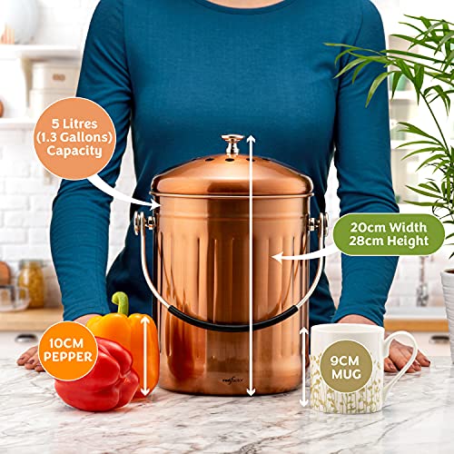 RED FACTOR Premium Compost Bin for Kitchen Countertop - Stainless Steel Food Waste Bucket with Innovative Dual Filter Technology - Includes Spare Filters (Matt Copper, 1.3 Gallon)