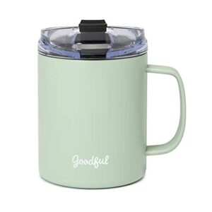 goodful travel mug, stainless steel insulated, double wall vacuum sealed coffee cup with leak proof lid, 14 ounce, sage