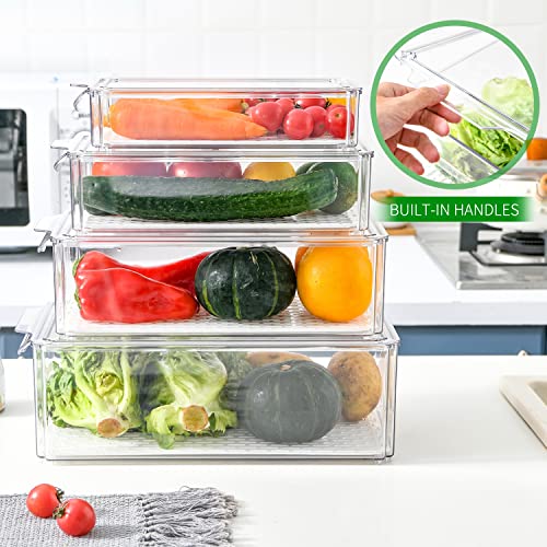 Pomeat 4 Pcs Fridge Organizers, Stackable Refrigerator Organizer Bins with Lids, Plastic Storage Bins, BPA-Free Fridge Organizers and Storage Clear for Food, Drinks, Fruits, Vegetable