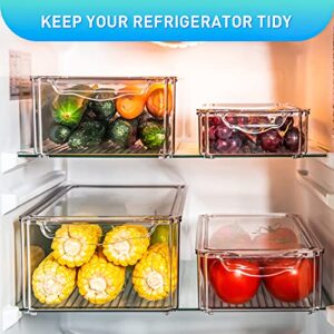 Pomeat 4 Pcs Fridge Organizers, Stackable Refrigerator Organizer Bins with Lids, Plastic Storage Bins, BPA-Free Fridge Organizers and Storage Clear for Food, Drinks, Fruits, Vegetable