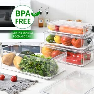 Pomeat 4 Pcs Fridge Organizers, Stackable Refrigerator Organizer Bins with Lids, Plastic Storage Bins, BPA-Free Fridge Organizers and Storage Clear for Food, Drinks, Fruits, Vegetable