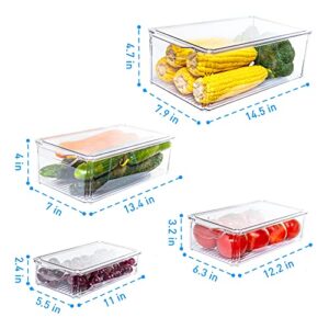 Pomeat 4 Pcs Fridge Organizers, Stackable Refrigerator Organizer Bins with Lids, Plastic Storage Bins, BPA-Free Fridge Organizers and Storage Clear for Food, Drinks, Fruits, Vegetable