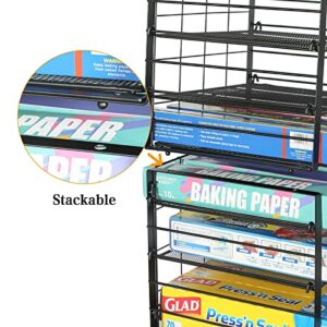 Upgraded Stackable Wrap Box Organizer Rack, 3-Tier Adjustable Foil Organizer Holder for Kitchen Countertop Pantry organization and storage-Under Sink Organizers and Storage Suitable,Black(2 Pack)