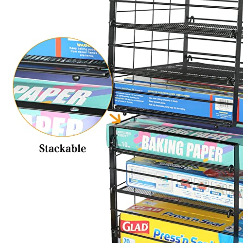 Upgraded Stackable Wrap Box Organizer Rack, 3-Tier Adjustable Foil Organizer Holder for Kitchen Countertop Pantry organization and storage-Under Sink Organizers and Storage Suitable,Black(2 Pack)